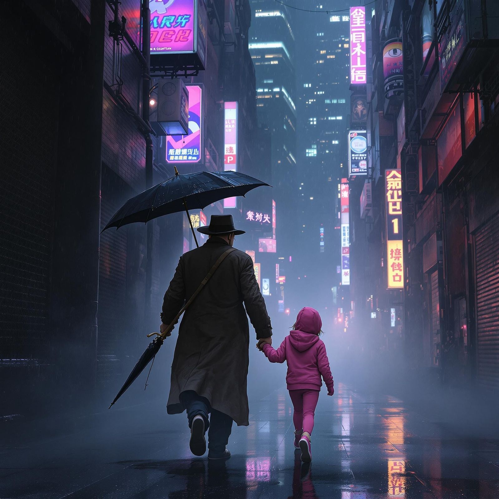 Father and Daughter Navigate Gritty, Neon Alleyway in the Mi...