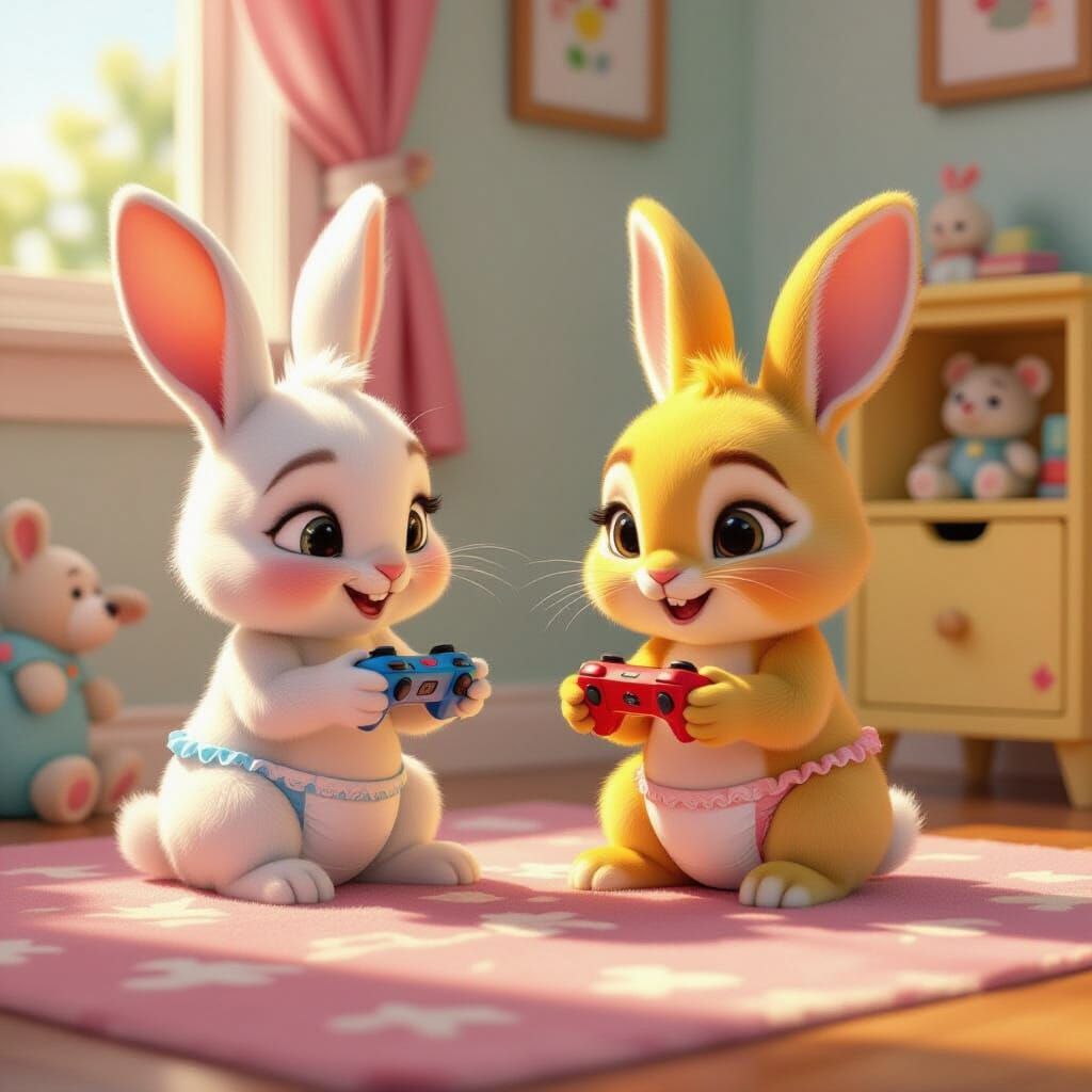 Baby Bunnies Play Video Games in Pixar Themed Room