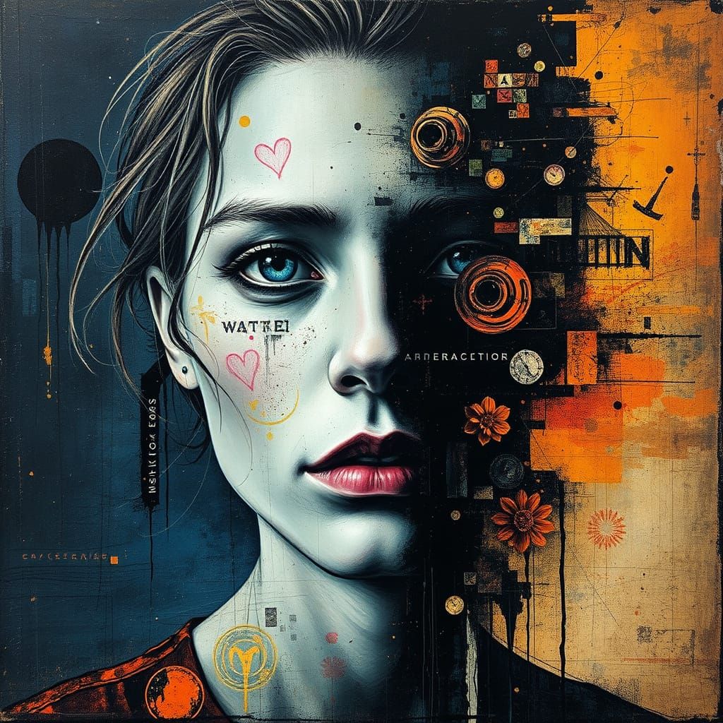 Surreal Nightscape Portrait in Glitchcore Encaustic Style