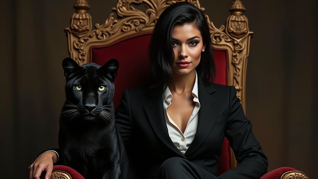 Confident Woman Rides Throne with Regal Leopard Companion