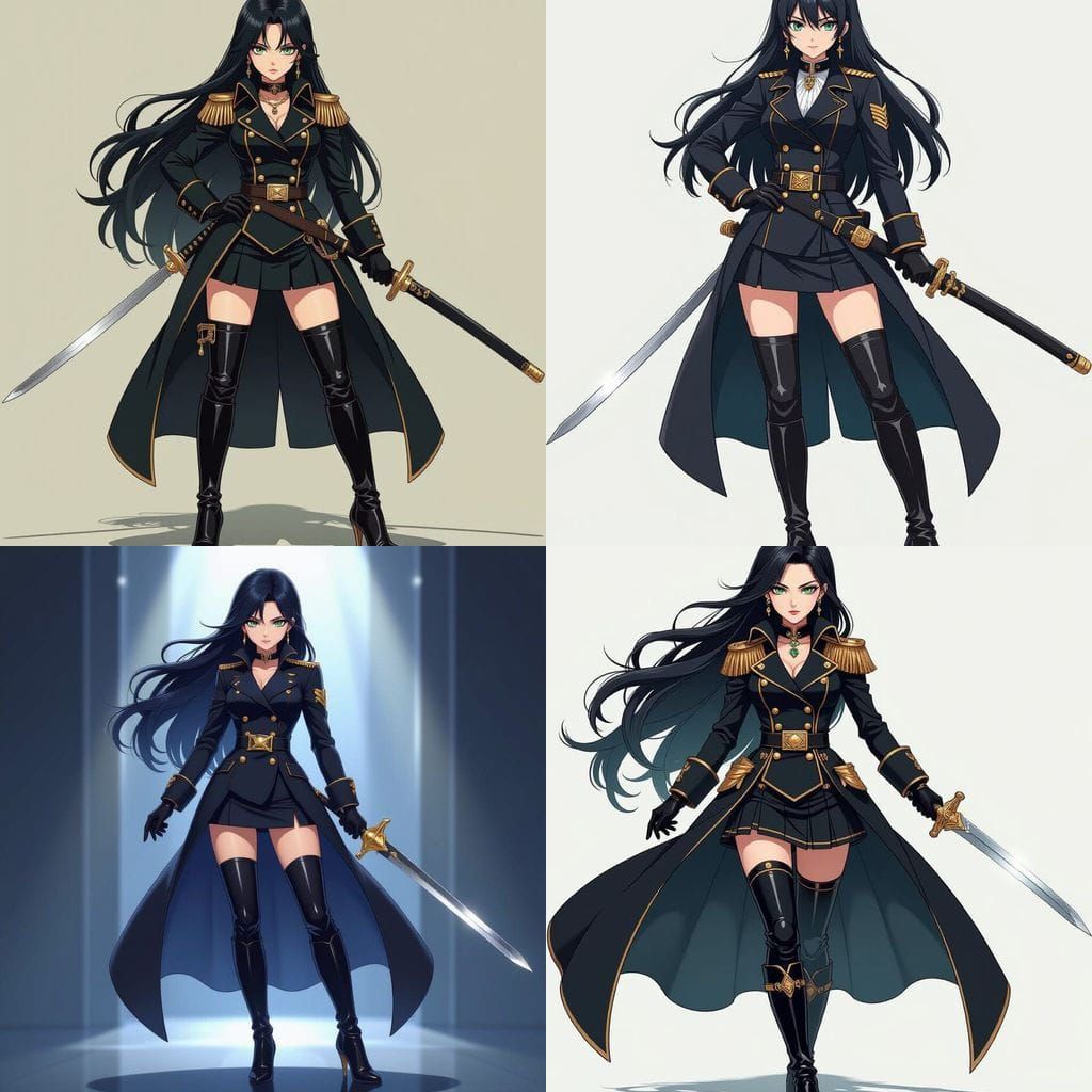 Anime Female Admiral in Black Navy Uniform with Sword