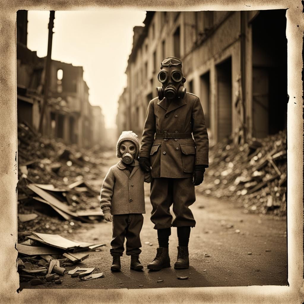 WWII Ruins, a Mother and Child Amidst Destruction