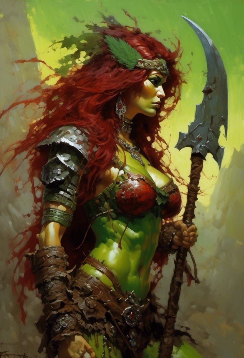 Green Skinned Barbarian Woman in Hyperreal Style