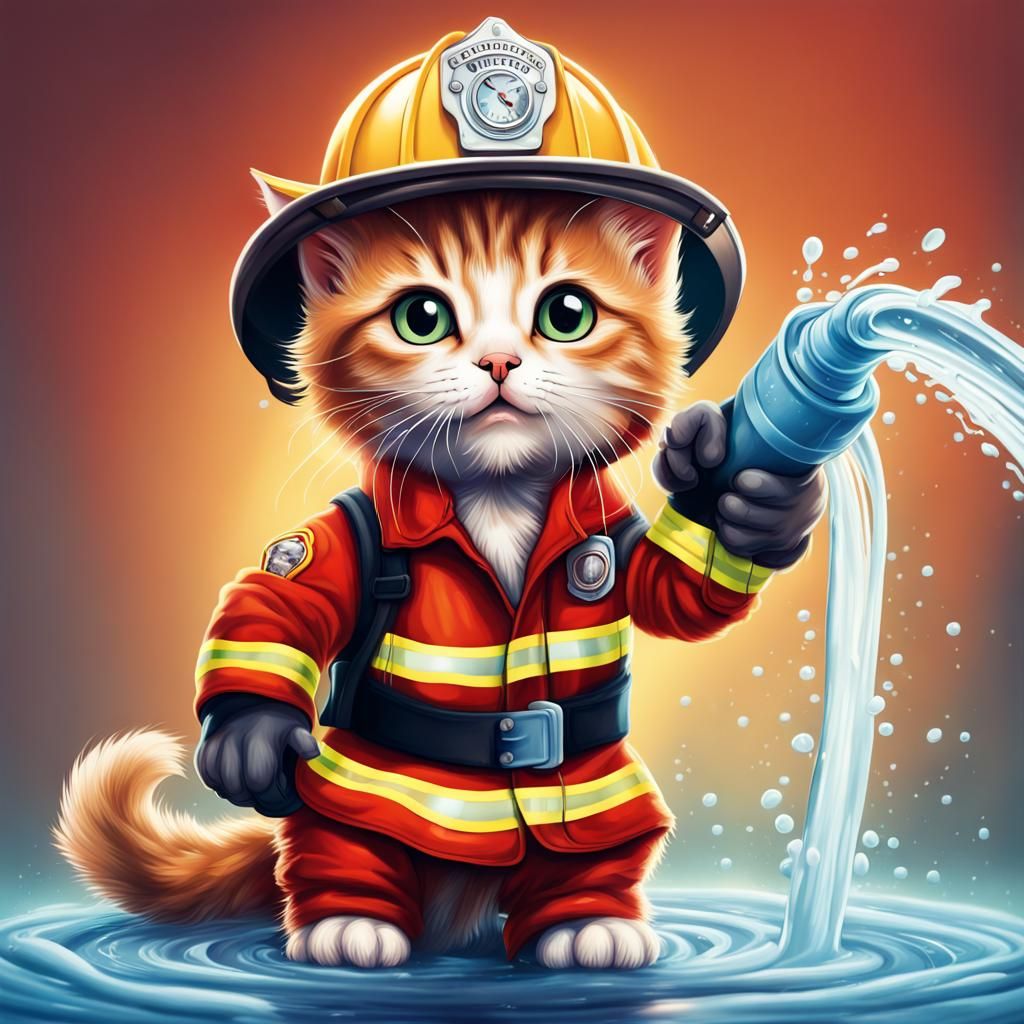 Kitten Firefighter and the Water Hose