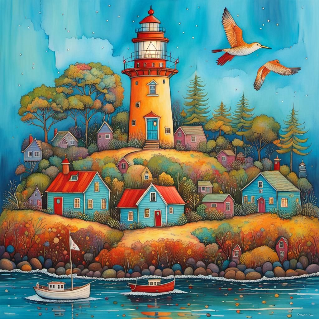 Lighthouse on Island with Cottages: Art Brut Illustration
