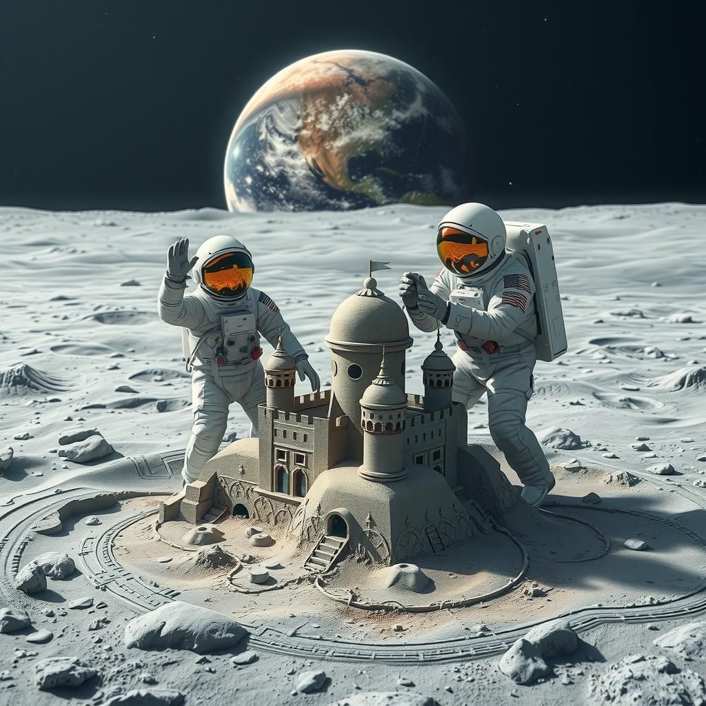 Astronauts Building Lunar Sandcastle with Earthrise