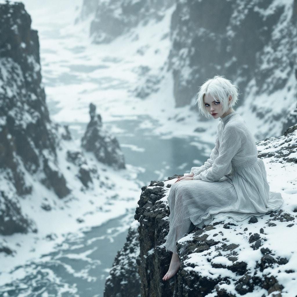 Albino Woman in Snowy Blizzard, Digital Art