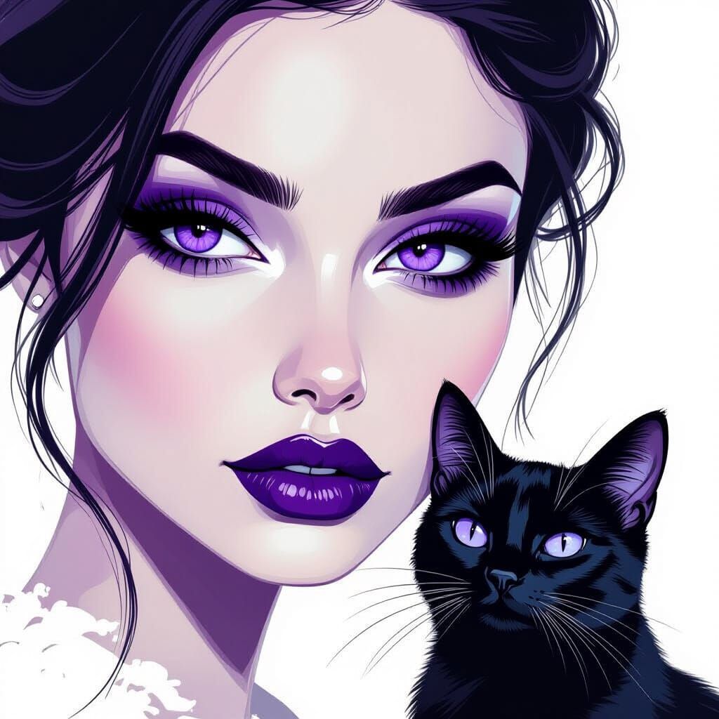 Woman and Cat Portrait in Digital Painting Style
