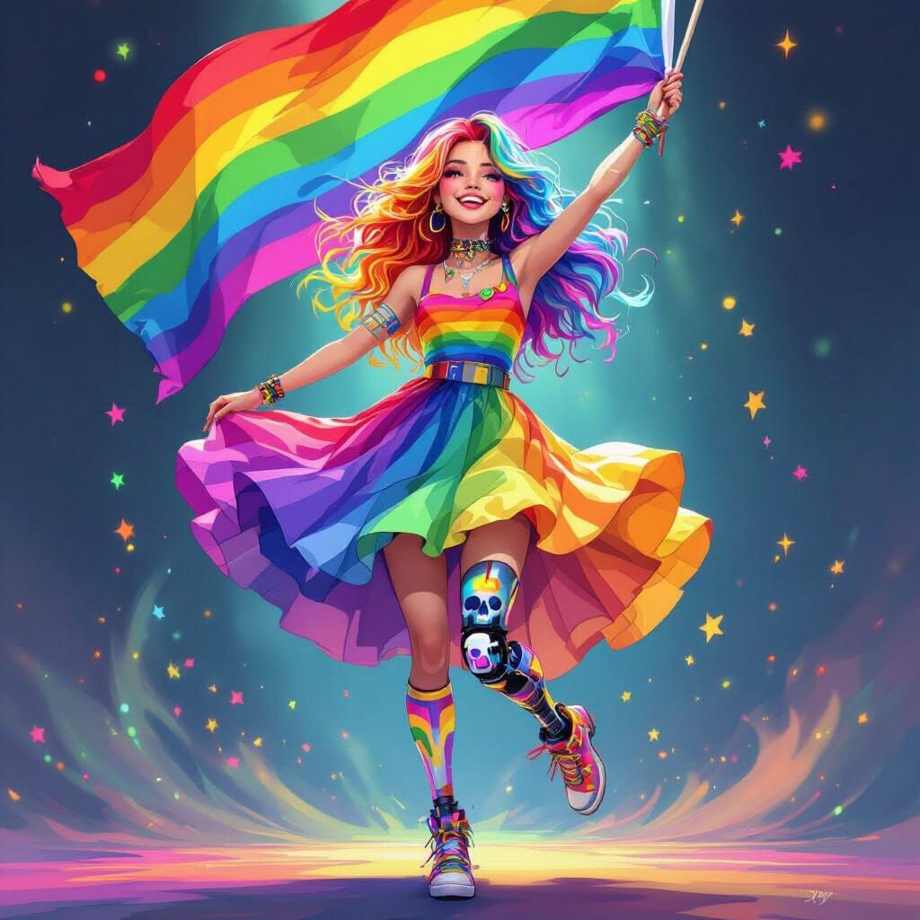Joyful Woman in Liquid Rainbow Dress with Pride Flag