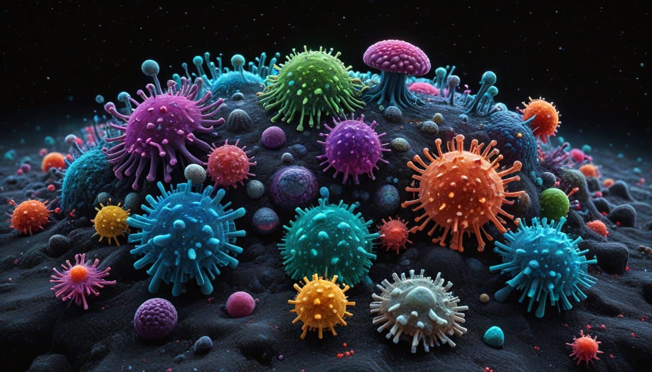 Surreal Bioluminescent Microcosm in a Cosmic Night Sky