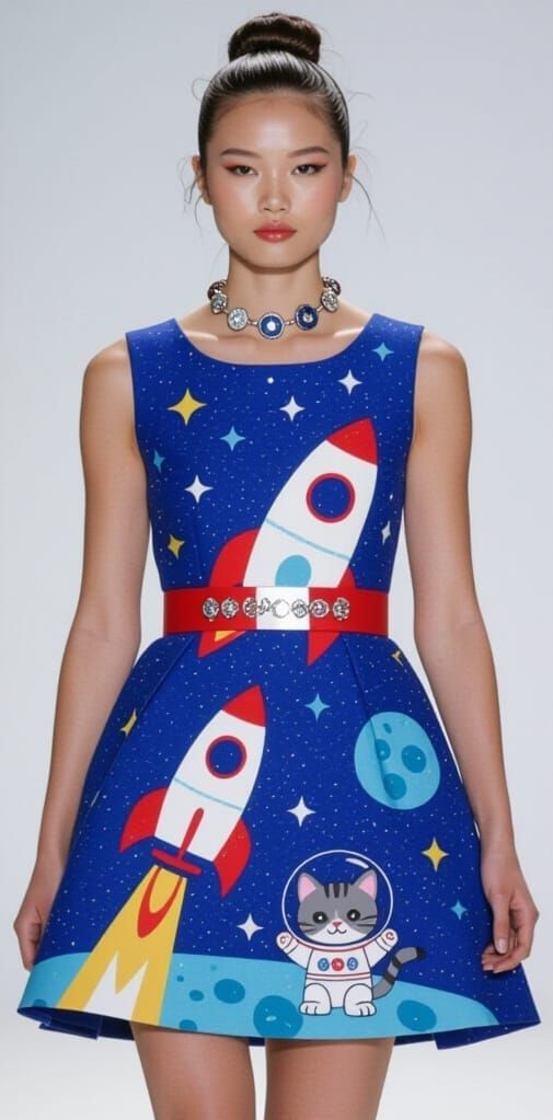 A Fashion show model wearing a space themed dress.  With roc...