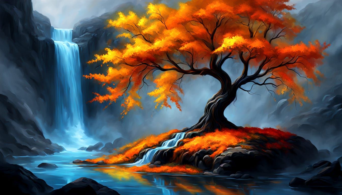 Autumn Tree and Waterfall: A Fantasy Digital Painting