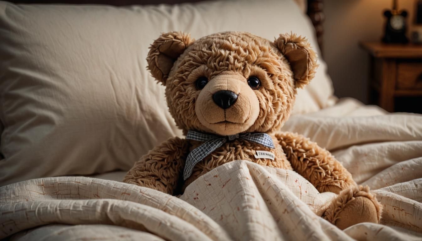 Teddy Bear Tucked in Bed: Hyperrealistic Macro Photograph