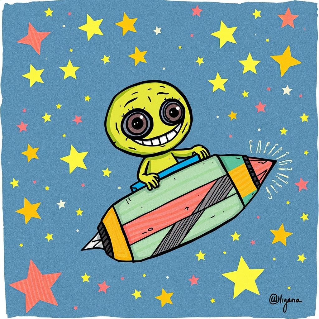 Friendly Alien Pilots Spaceship in 2D Animation Style