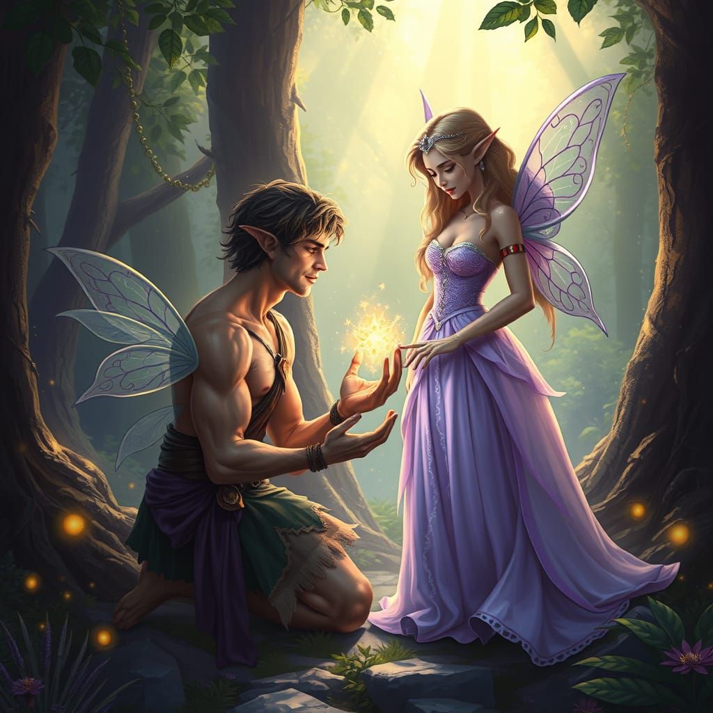 Elf Warrior Presents Gift to Fairy Queen in Grove