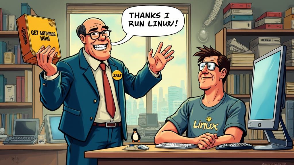 Satirical Comic Book Scene: Salesman vs. Linux Nerd