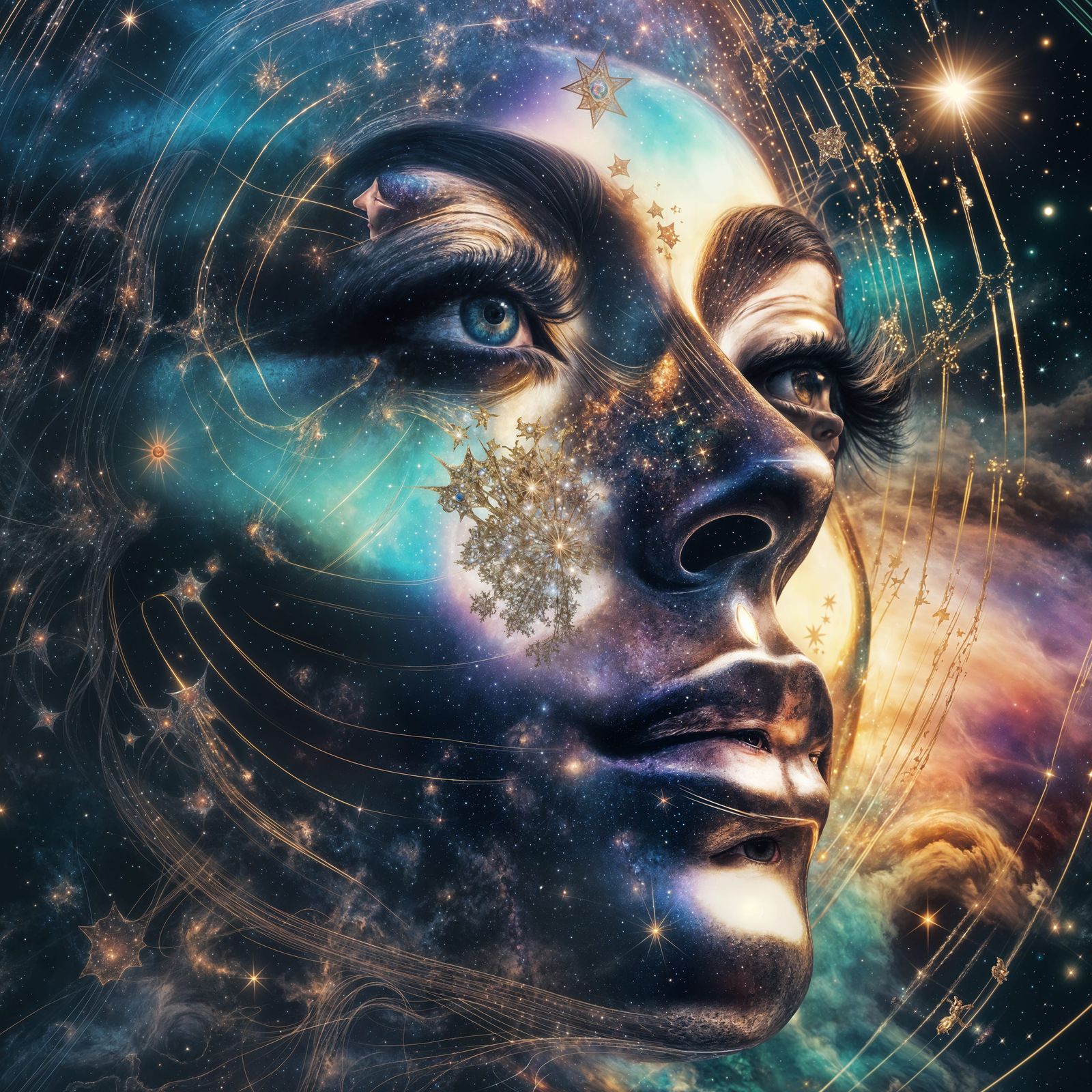 Cosmic Face in Baroque Art Deco Style