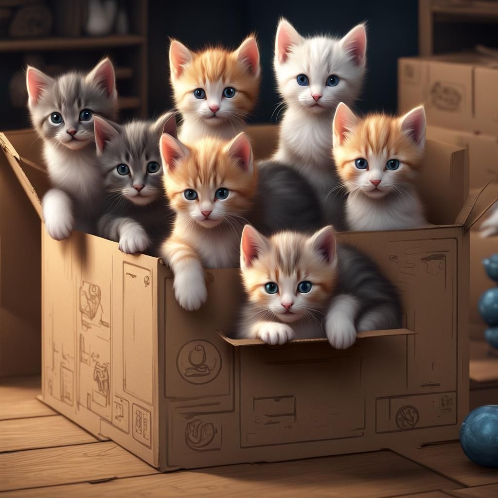 Cute Kittens in Cardboard Box: Detailed Matte Painting