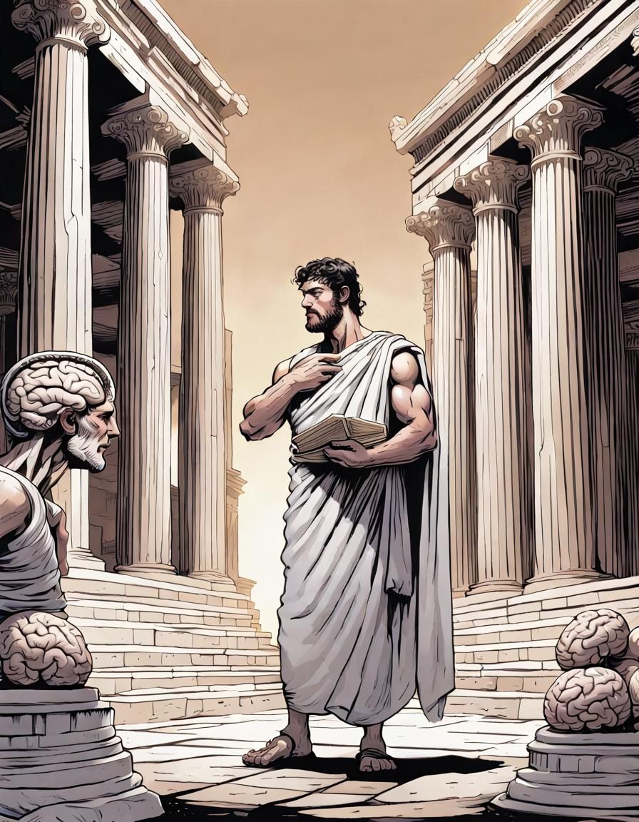 Ancient Greek Man with Brain Model, Comic Art