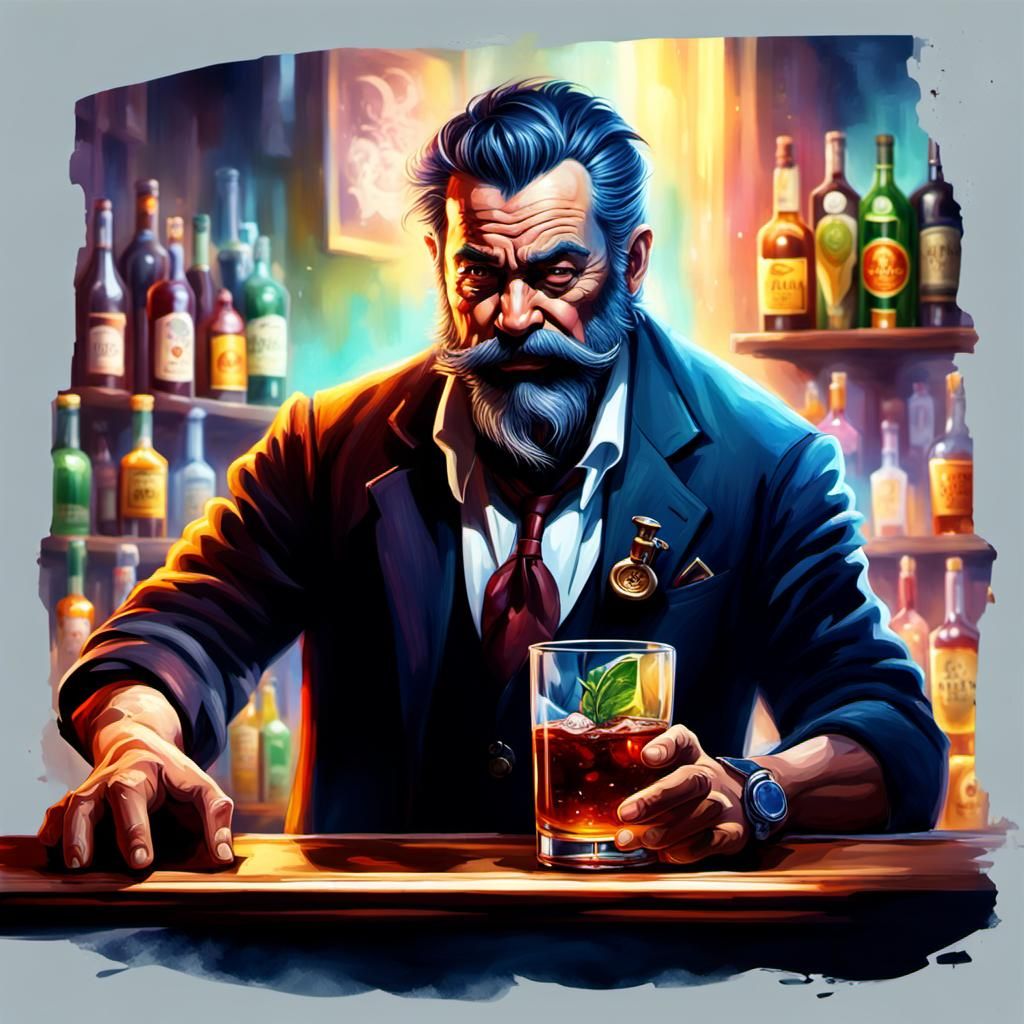 Jolly Bartender in Smoky Bar: Hyperrealistic Splash Art