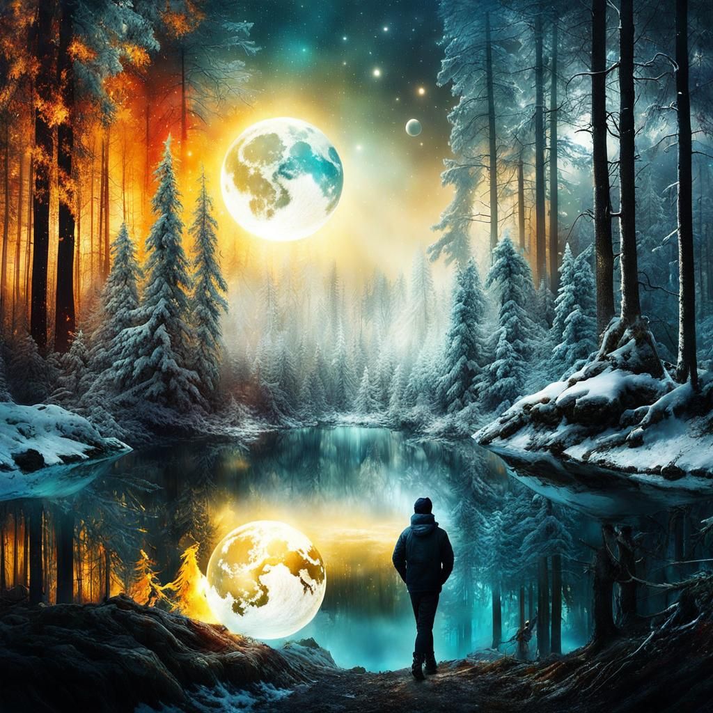 Surreal Forest Sun Inside Moon, Double Exposure