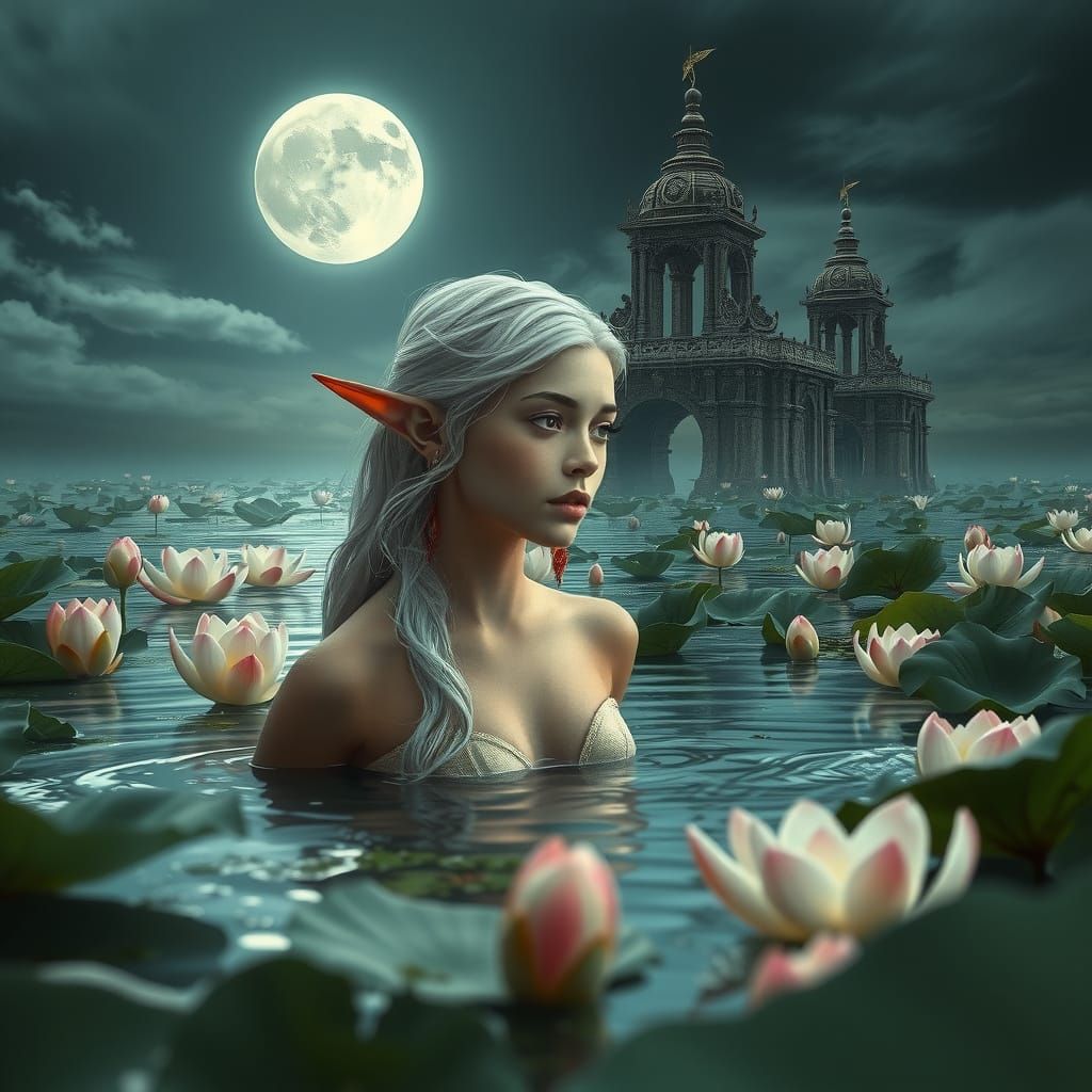 Ethereal Moonlit Scene with Elf Maiden and Lotus Flowers