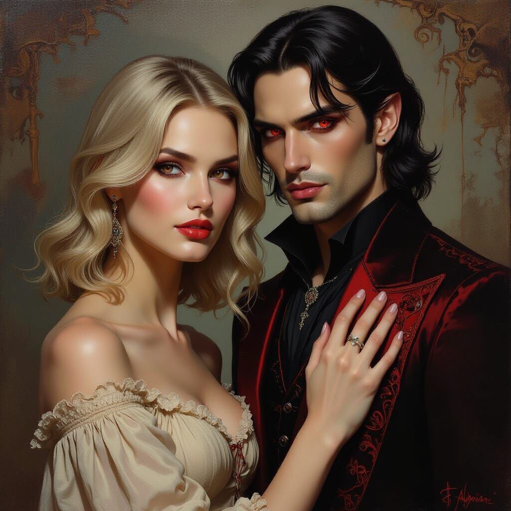 Gothic Vampire Woman with Red Accents in Beige Dress