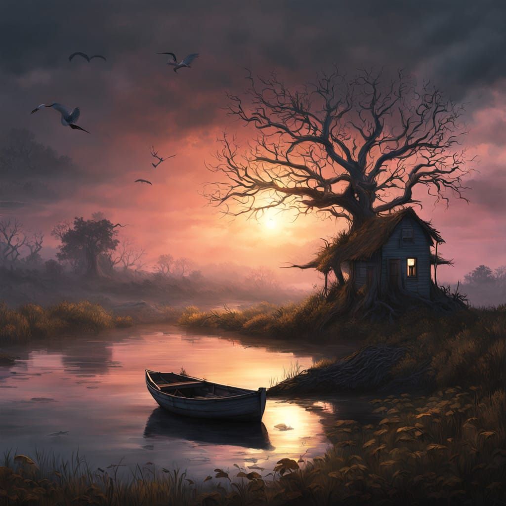Tranquil Abandoned River Scene in Dark Fantasy Style