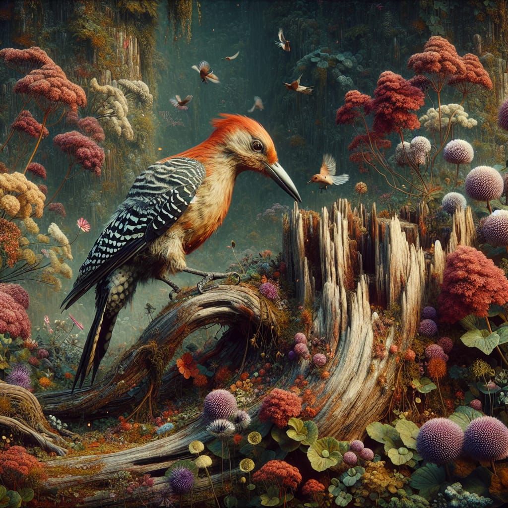Detailed Matte Painting of Redheaded Woodpecker