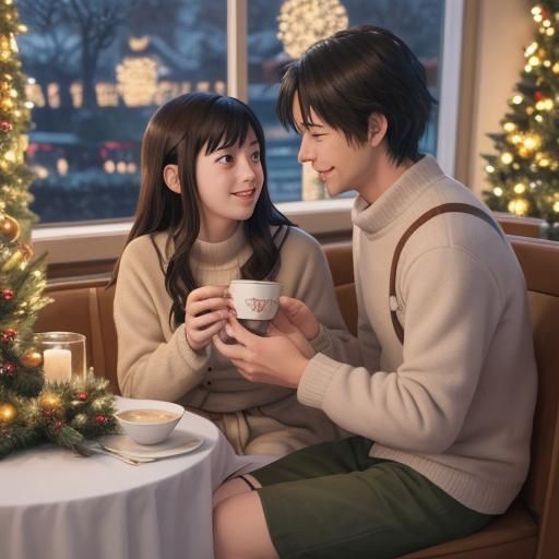 Anime Couple's Cozy Christmas Date in Ghibli Style