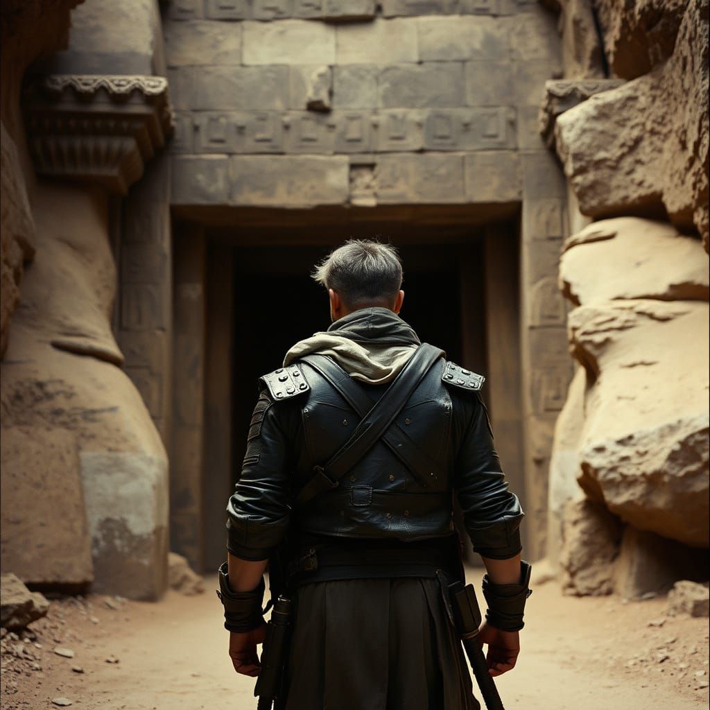 Adventurer at Ancient Tomb Entrance: Cinematic Film Still