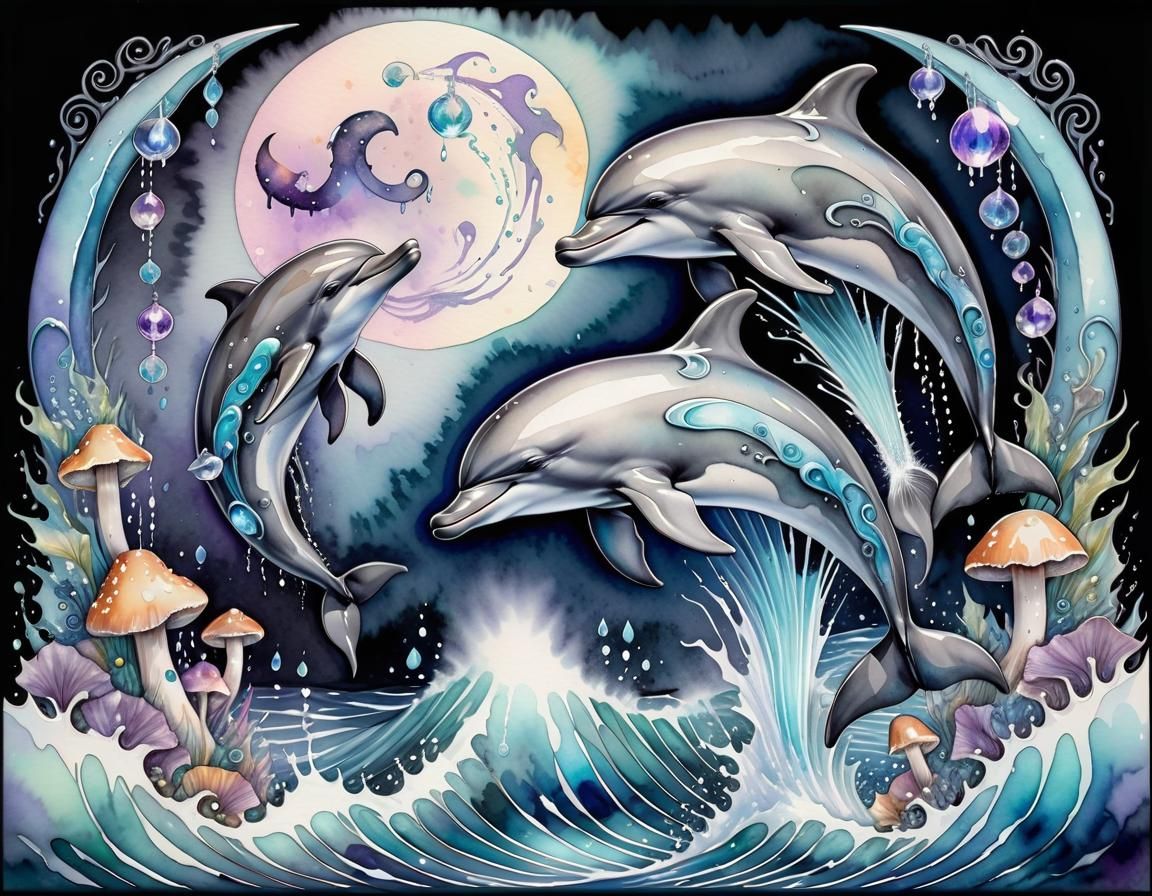 Pastel Goth Dolphins Swimming Under Crescent Moon
