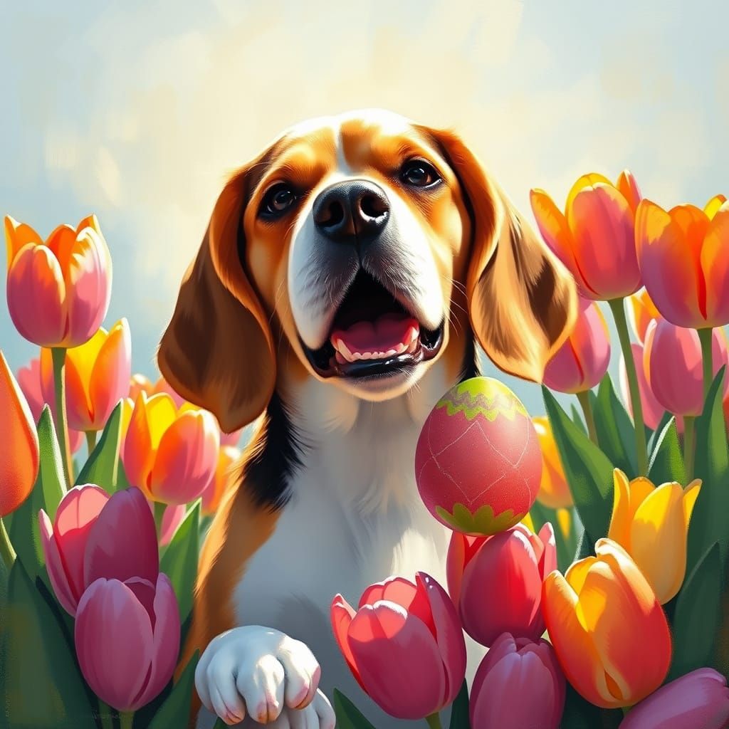 Joyful Beagle Surrounded by Tulips in Impressionist Light