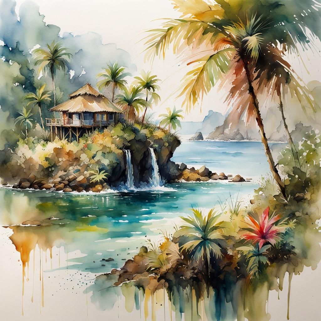 Island Oasis: Watercolor Masterpiece in Golden Light