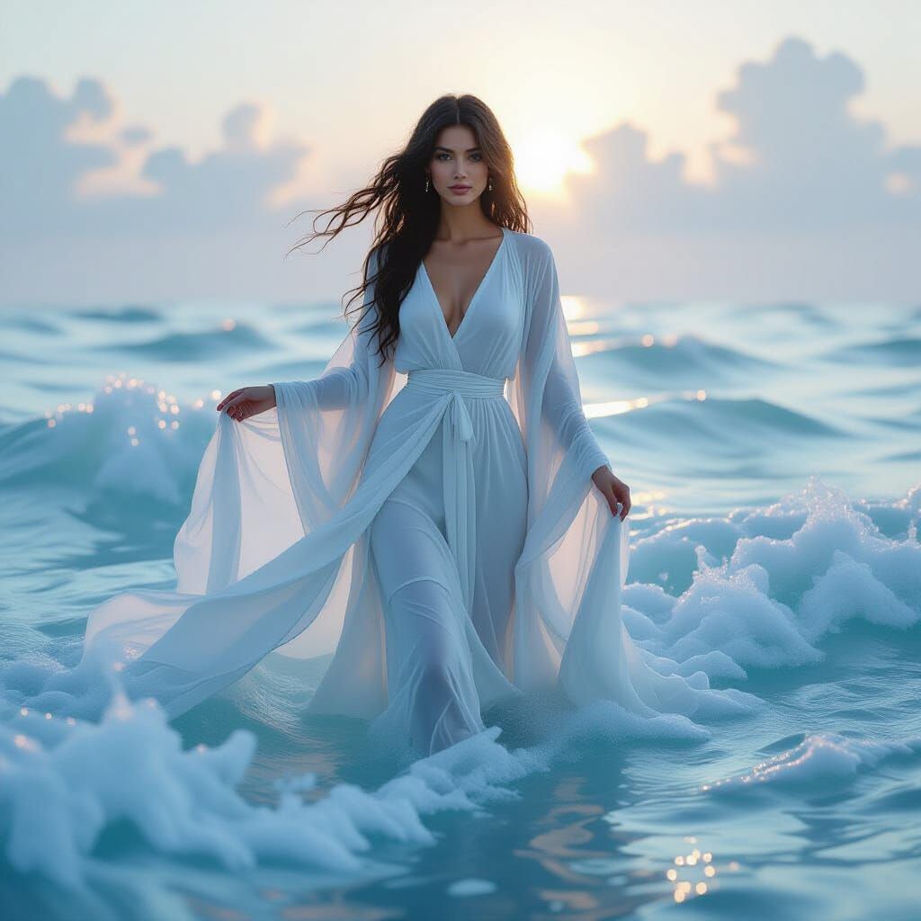 Ethereal Wave Woman in Sea, Art Nouveau Style