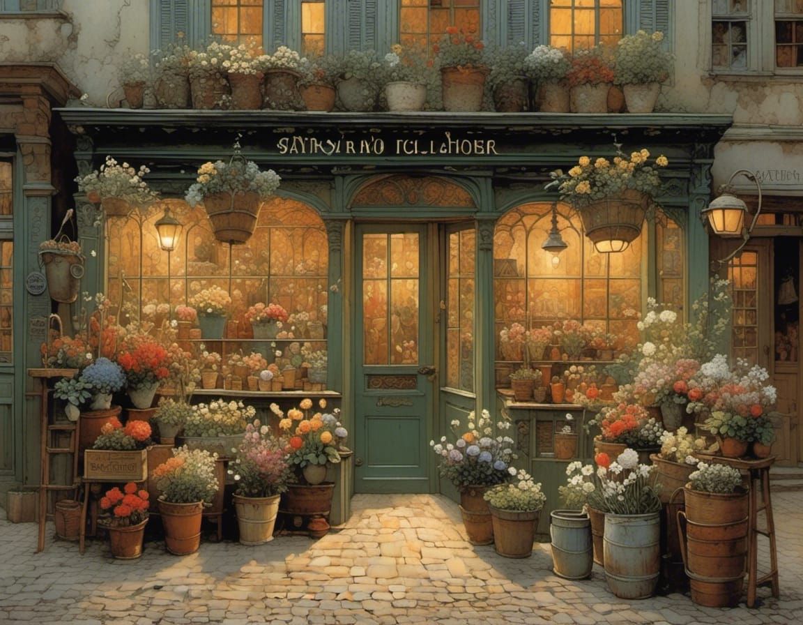 Whimsical Old-World Flower Shop Entrance in Soft Evening Lig...