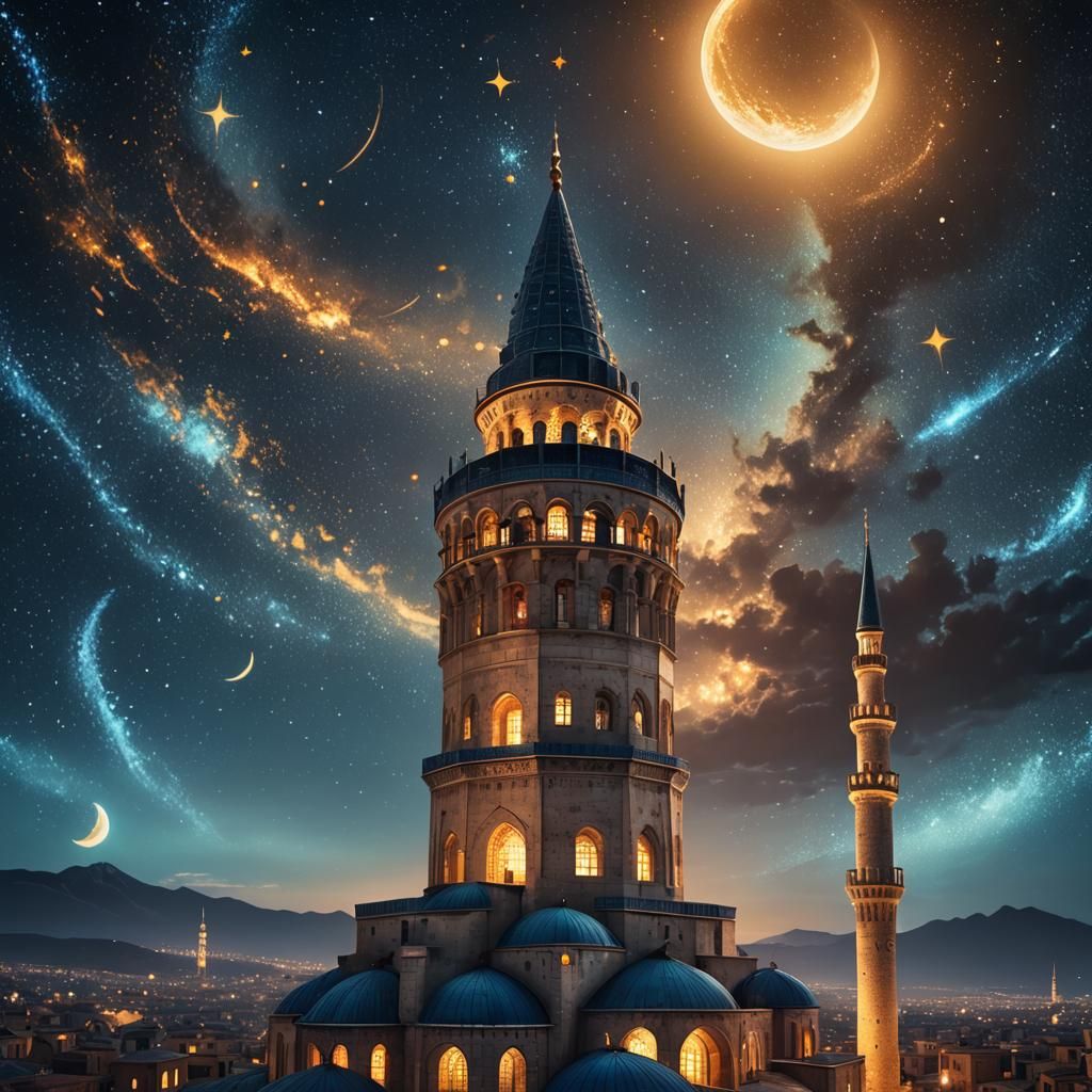 Majestic Minaret at Night: Ottoman Concept Art