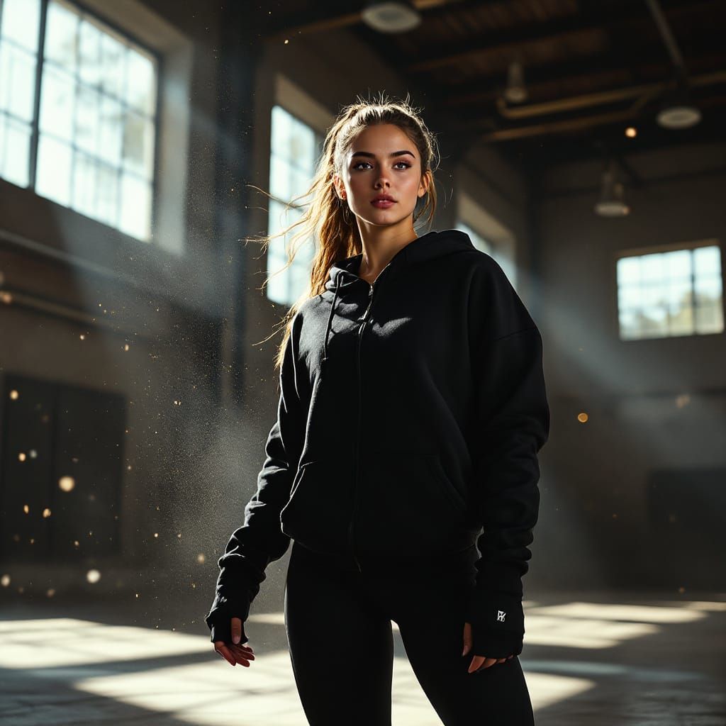 Athletic Woman Poses in Sunlit Gym Concept Art Style