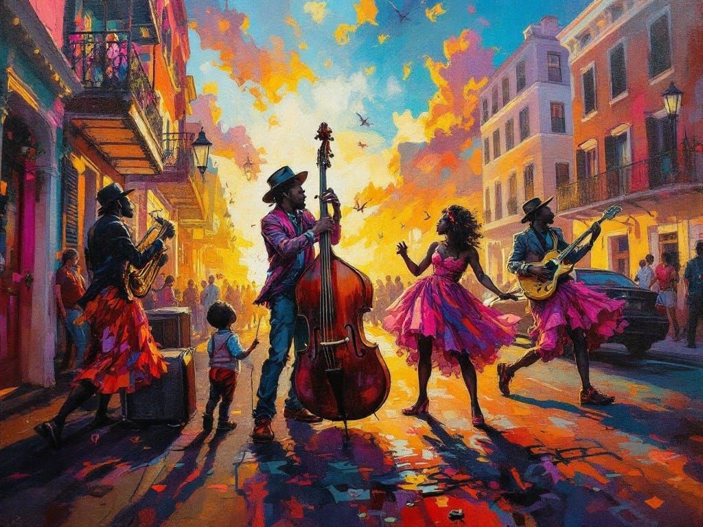 New Orleans Jazz Musicians at Sunset in Post-Impressionist S...