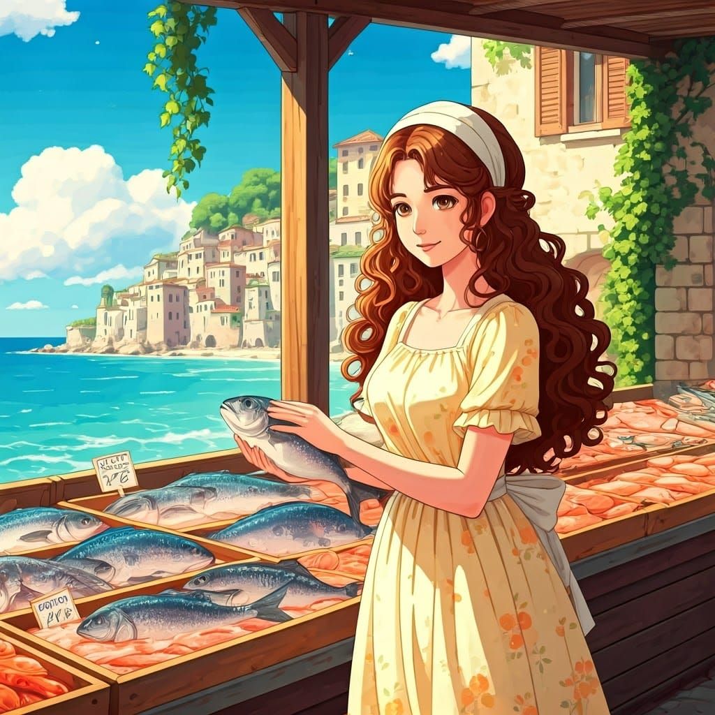 Italian Anime Girl at Fish Market, Ghibli Style