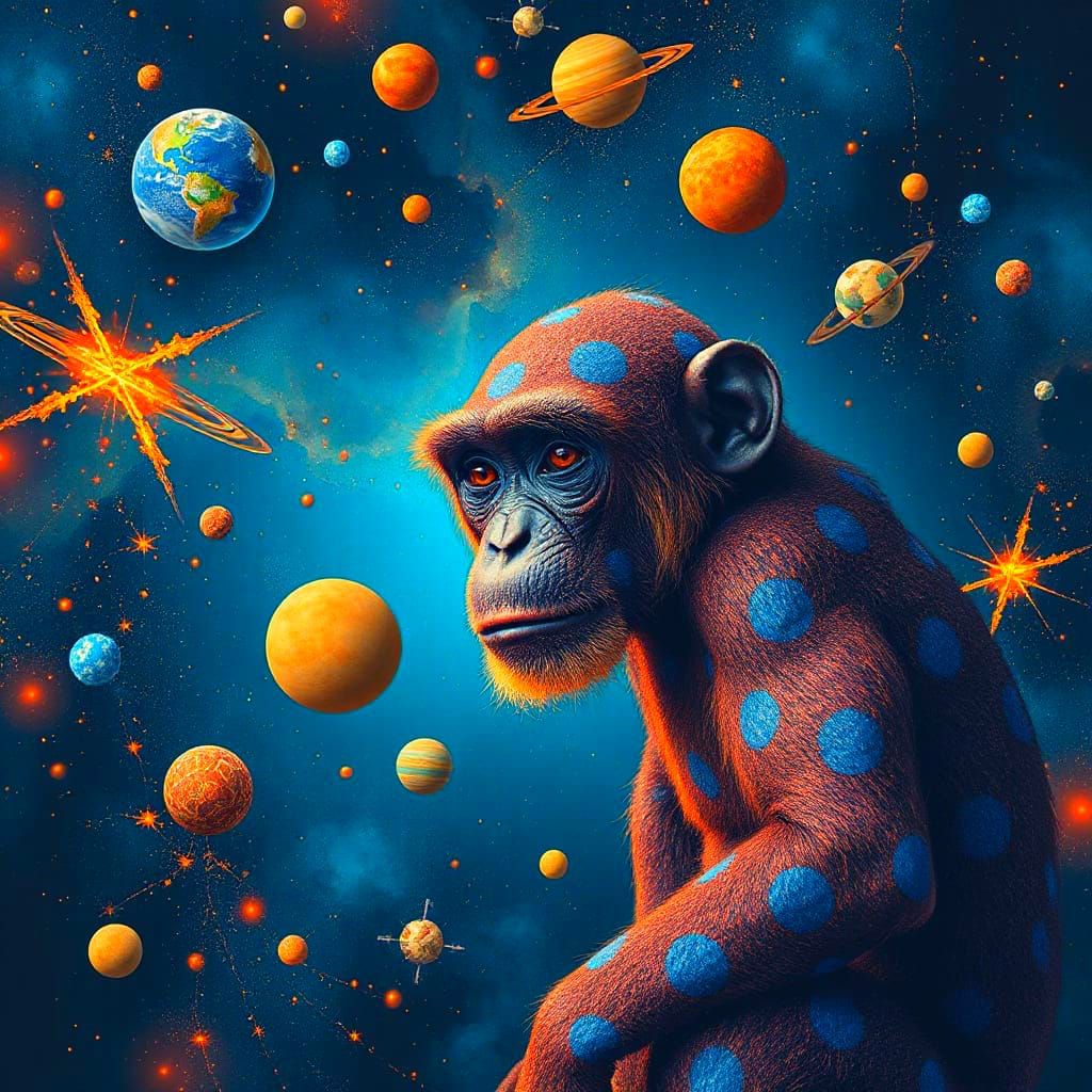 Surreal Pointillist Monkey Among Nebula Planets