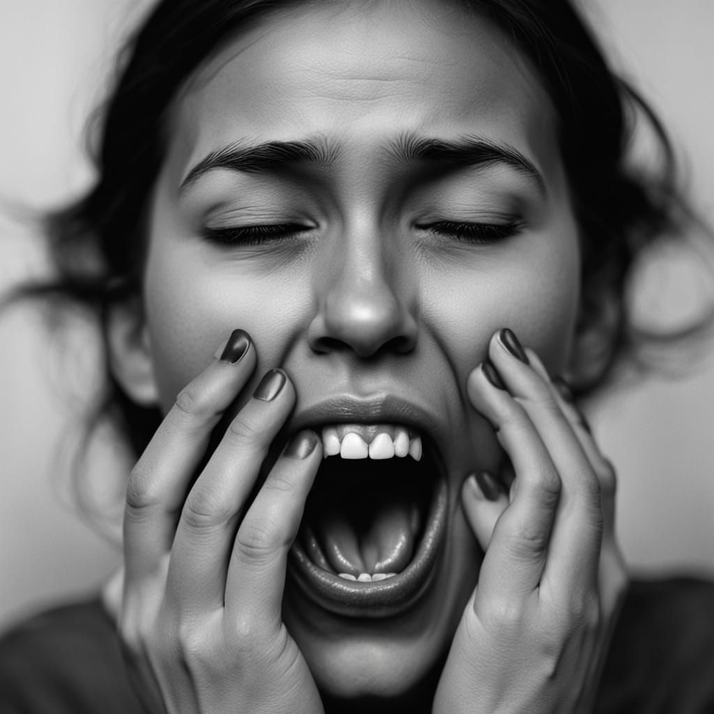 Distressed Face Silenced by Hand in Dramatic Lighting