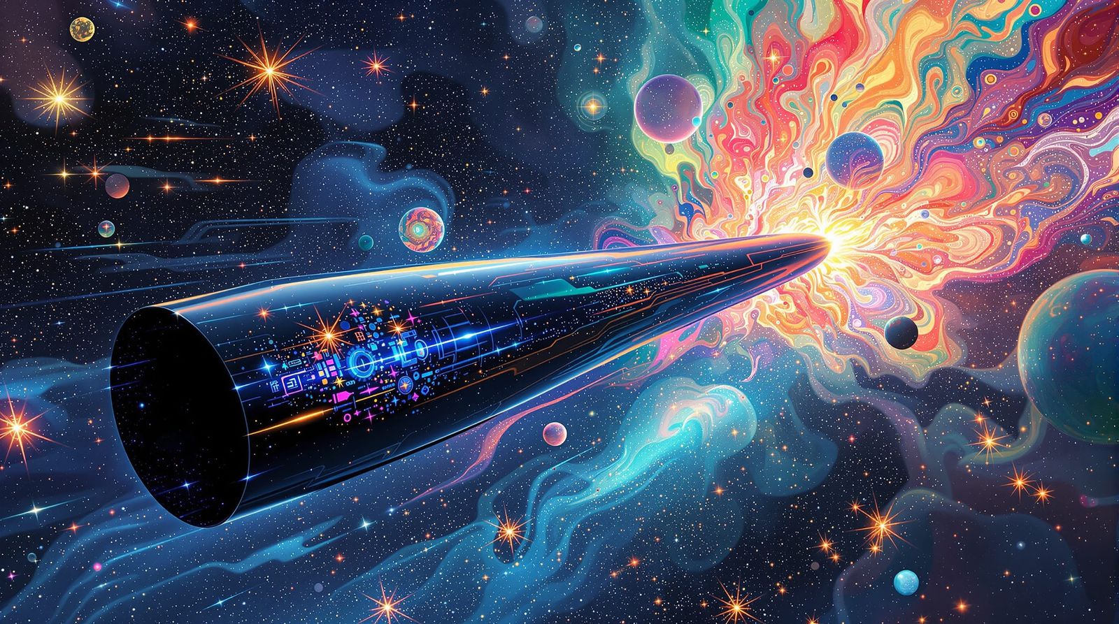 Interstellar Explorer Drifting Through Psychedelic Nebula