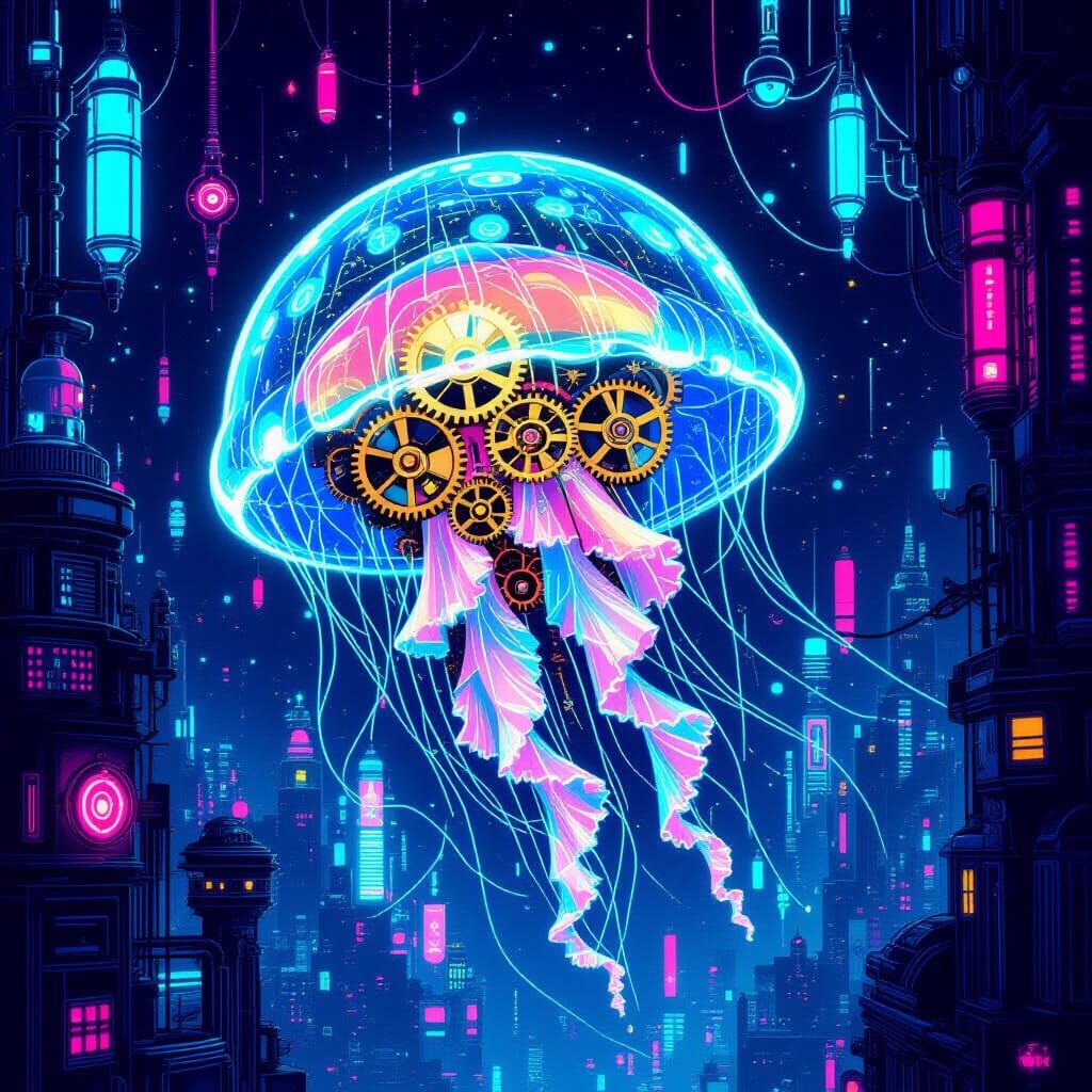 Bioluminescent Jellyfish in Steampunk Cityscape, 3D Cartoon ...