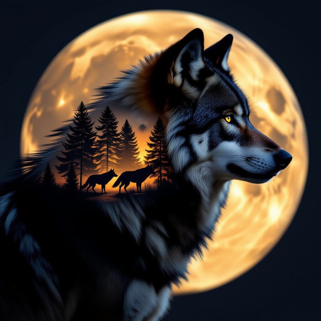 Wolf Silhouette Double Exposure with Forest and Running Wolv...