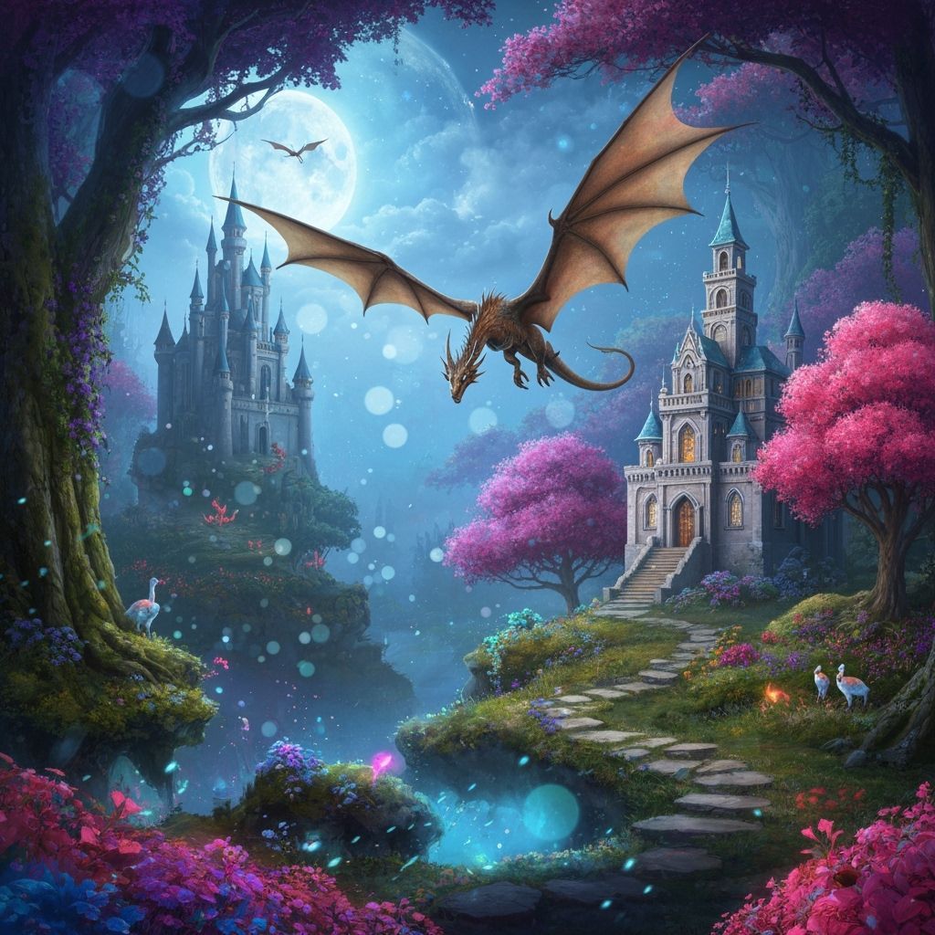 Enchanted Fantasy World of Elfae Lune with Dragon and Castle
