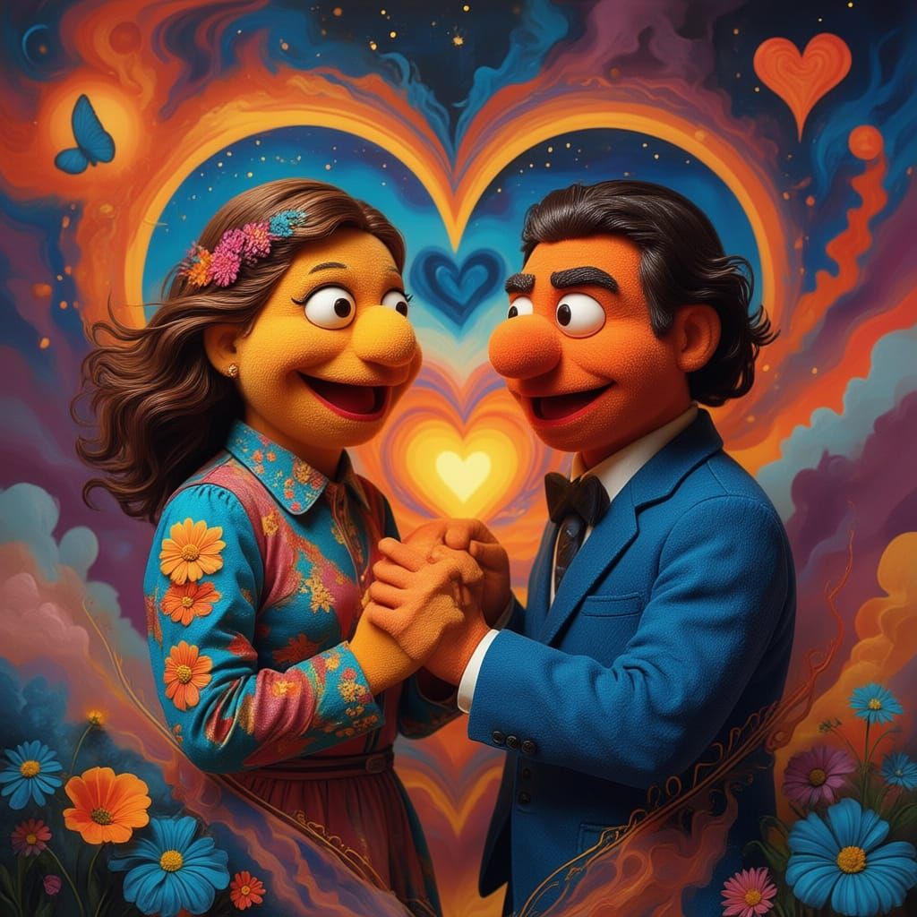 Psychedelic art. A couple holding hands, their forms dissolv...