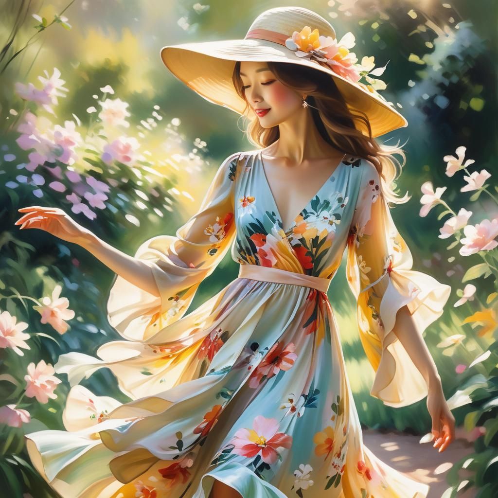 Woman Dancing in Sunlit Garden as Oil Painting