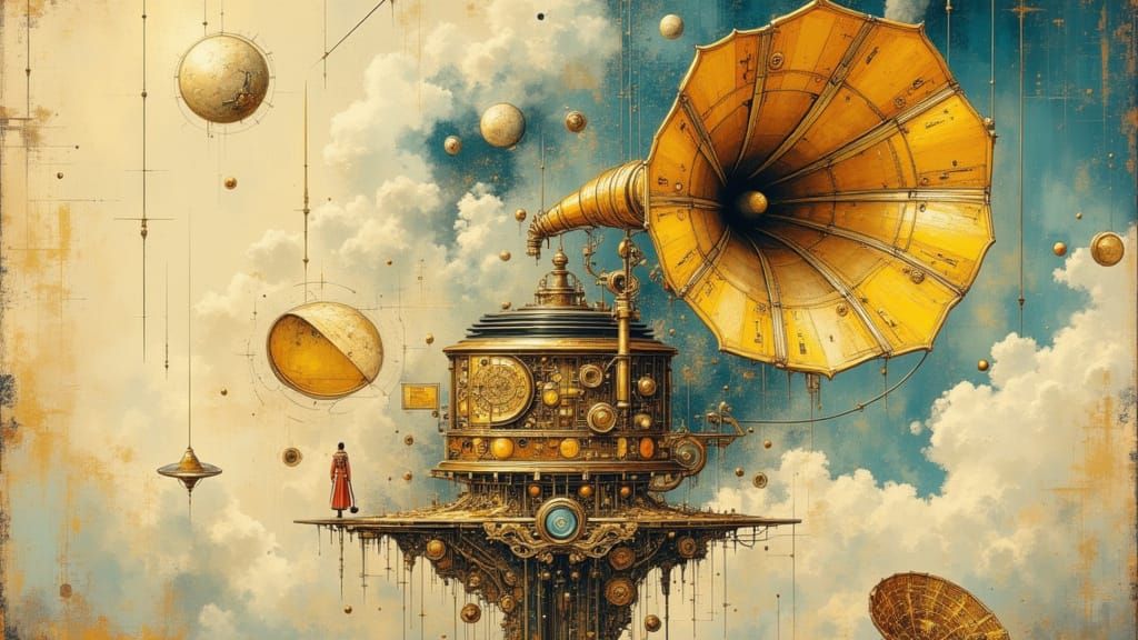 Brass Clockwork Robot on Floating Gramophone Island
