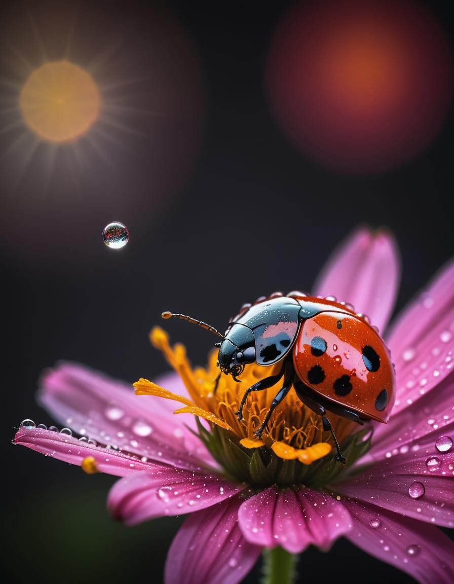 Dew-Kissed Ladybug on Cosmos: Macro Photography